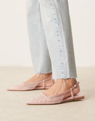 ASOS DESIGN - Lorraine - Ballerinas aus rosa Netzstoff mit Strassbesatz und Fersenriemen