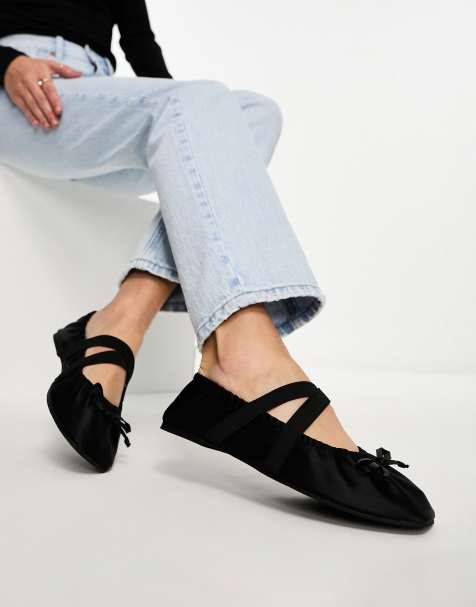 ASOS DESIGN Los Angeles ruched ballet flat in black satin - view 1