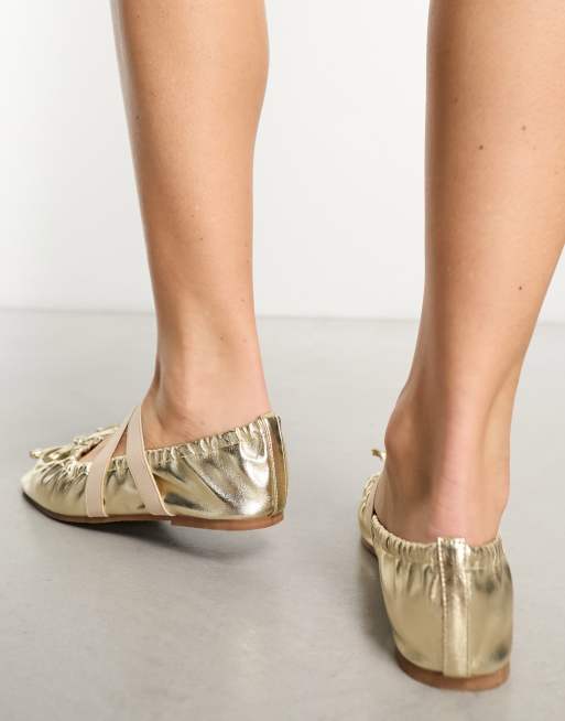 ASOS DESIGN Los Angeles ruched ballet flats with elastic strap in gold