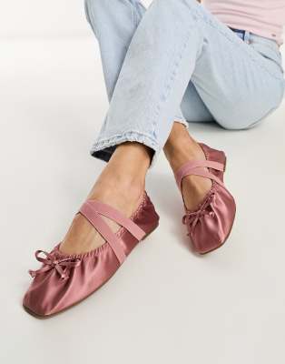 Asos Design Los Angeles Ruched Ballet Flats With Elastic Strap In Rose-pink