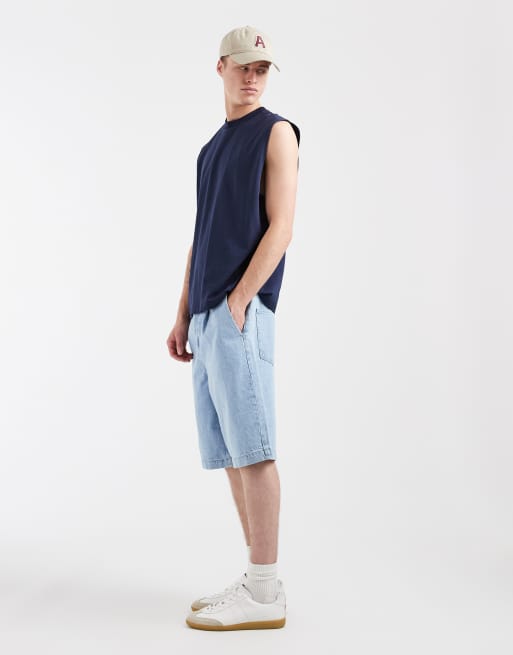 ASOS DESIGN - Losse denim jort in blauw met lichte wassing en plooien , 3 van 5