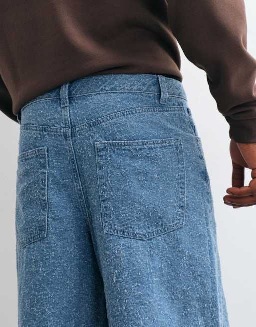 ASOS DESIGN - Losse denim jort met textuur in mid-wash blauw, 3 van 5