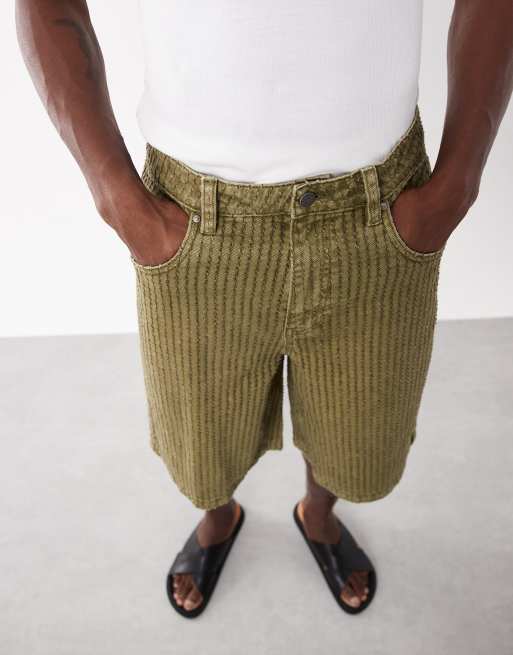 ASOS DESIGN - Losse denim jorts met textuur in kaki met wassing , 4 van 5