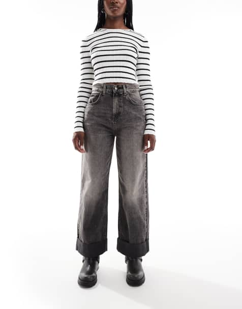 ASOS DESIGN - Losse jeans met boord met brede omslag in zwart met wassing - view 1