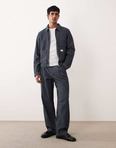 ASOS DESIGN - Losse jeans met rechte pijpen, krijtstreep en plooien in donkere wassing blauw, deel van co-ord set - view 1