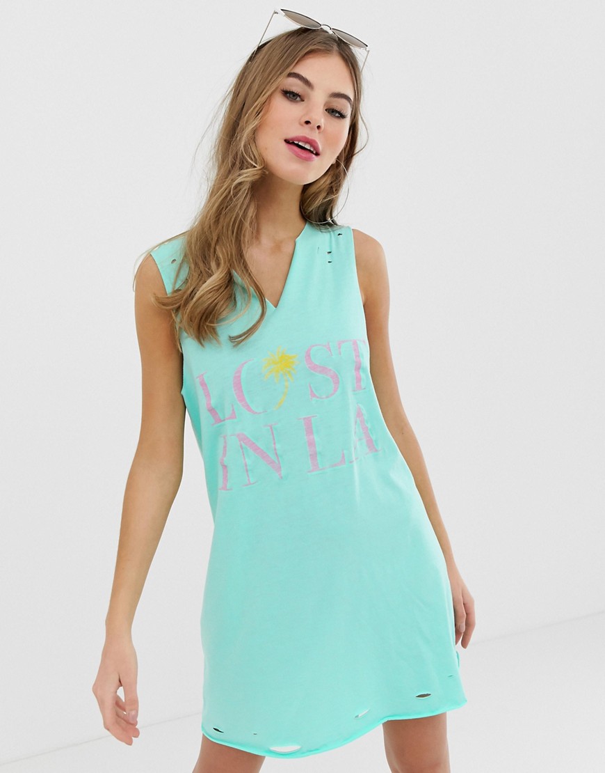 ASOS DESIGN lost in LA jersey beach cover up with distressing & lace up detail-Green