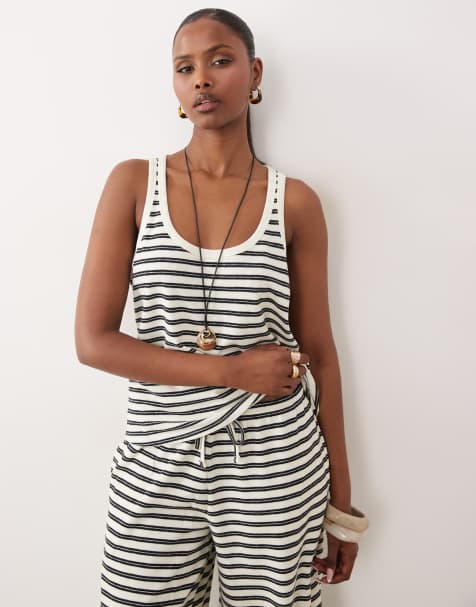 ASOS DESIGN - Losvallend gestreept gebreid hemdje met textuur en lage ronde hals in zwart en wit - view 1