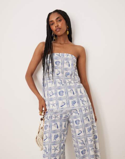 ASOS DESIGN - Losvallende bandeau-top in blauwe schelpenprint, deel van co-ord set - view 1