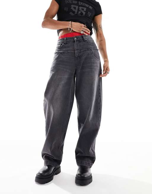 ASOS DESIGN - Losvallende jeans met dubbele tailleband in zwarte wassing