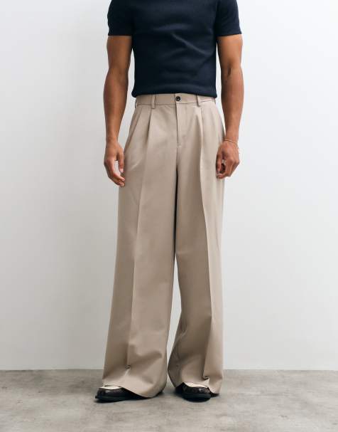 ASOS DESIGN losvallende pantalon met dubbele plooien in stone - view 1