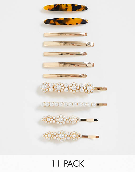 ASOS DESIGN - Lot de 11 barrettes à cheveux variées avec perle, écaille de tortue et métal