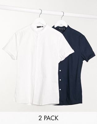 Homme Lot de 2 chemises ajustées à col grand-père - Blanc/Noir - ÉCONOMIE