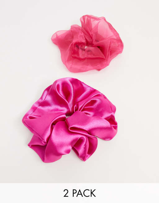 ASOS DESIGN - Lot de 2 grands chouchous en satin et organza - Rose vif