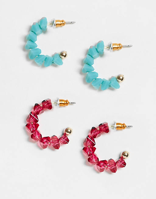 ASOS Design - Lot de 2 paires de boucles d'oreilles style créoles à perles bleues et roses - Doré