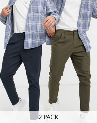 Homme Lot de 2 pantalons chino coupe cigarette longueur cheville - Bleu marine et kaki - Économie