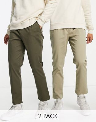 Homme Lot de 2 pantalons chino slim avec taille élastique - Kaki et beige foncé