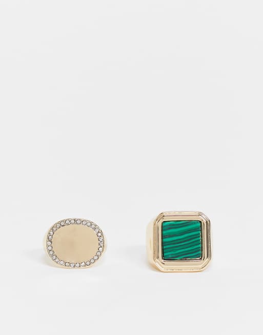 ASOS DESIGN - Lot de 2 bagues effet marbré et style chevalière avec pierre - Doré