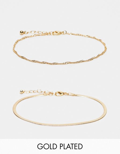 FhyzicsShops DESIGN - Lot de 2 bracelets de cheville avec chaîne serpent et chaîne torsadée en plaqué or 14 carats