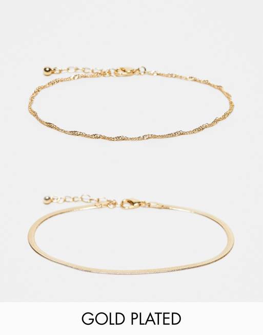 FhyzicsShops DESIGN - Lot de 2 bracelets de cheville avec chaîne serpent et chaîne torsadée en plaqué or 14 carats