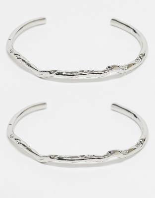 ASOS DESIGN - Lot de 2 bracelets joncs texturés effet fondu - Argenté - view 1