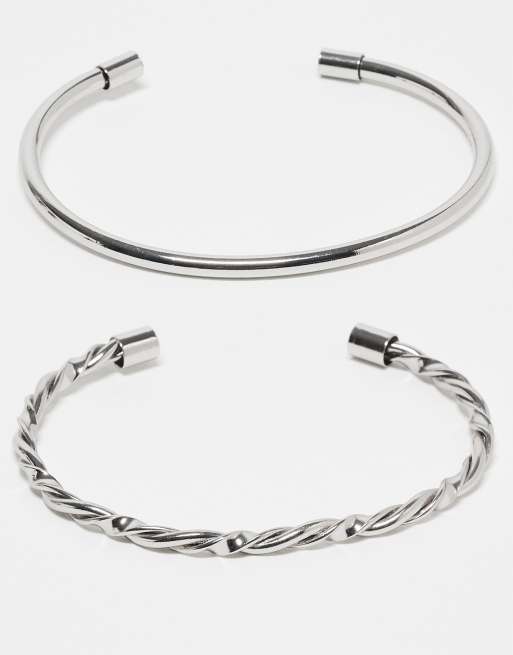 ASOS DESIGN - Lot de 2 bracelets manchettes à motif simple et torsadé - Argenté