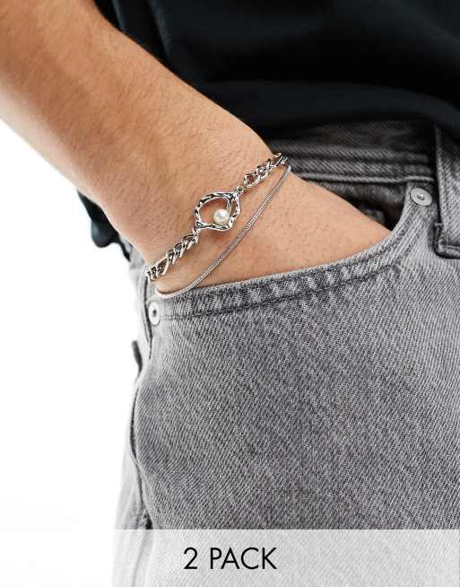 ASOS DESIGN - Lot de 2 bracelets variés à perles fantaisie - Argenté