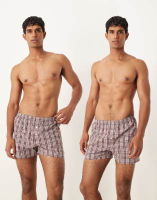 ASOS DESIGN - Lot de 2 caleçons en coton à carreaux - Rouge