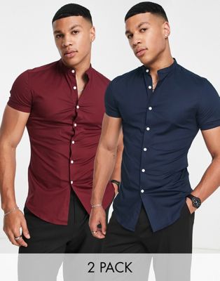 ASOS DESIGN 2 pack skinny shirt with grandad collar in navy / burgundy - ASOS Price Checker