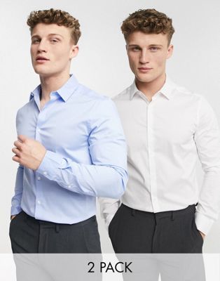 Homme Lot de 2 chemises de travail coupe slim stretch - Blanc et bleu - Économie