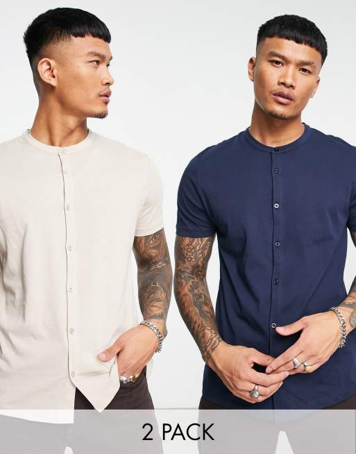 ASOS DESIGN - Lot de 2 chemises en jersey à col grand-père - Multicolore