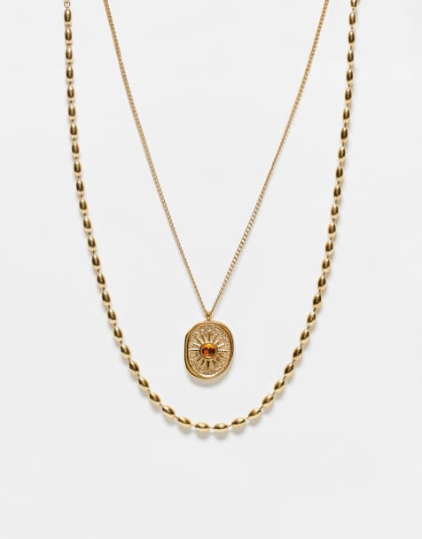 ASOS DESIGN - Lot de 2 colliers à chaîne boule en argent inoxydable étanche avec pendentif soleil ovale - Doré - view 1