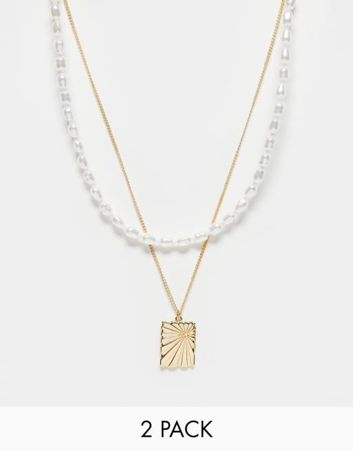 ASOS DESIGN - Lot de 2 colliers avec fausses perles et pendentif rayons de soleil - Doré