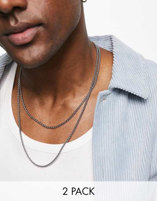 ASOS DESIGN - Lot de 2 colliers chaîne à superposer à maillons carrés en acier inoxydable étanche - Argenté 
