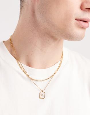 ASOS DESIGN - Lot de 2 colliers chaîne en acier inoxydable imperméable avec pendentif en fausse pierre nacrée - Doré