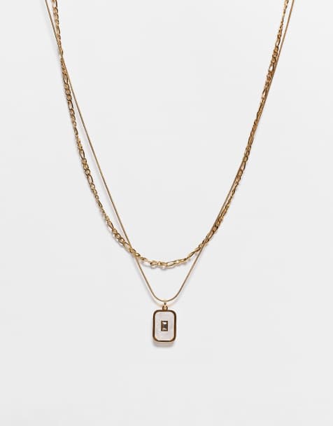 ASOS DESIGN - Lot de 2 colliers chaîne en acier inoxydable imperméable avec pendentif en fausse pierre nacrée - Doré - view 1