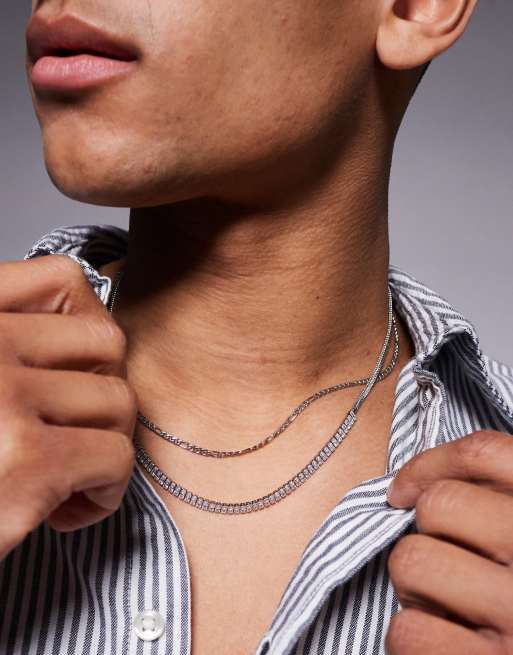 ASOS DESIGN - Lot de 2 colliers chaîne en acier inoxydable résistant à l'eau effet baguette et strass - Argenté