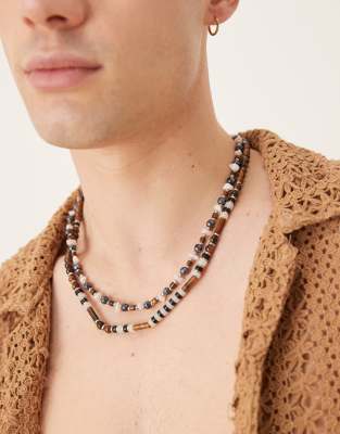 ASOS DESIGN - Lot de 2 colliers de festival avec perles fantaisie et pierres semi-précieuses - Marron
