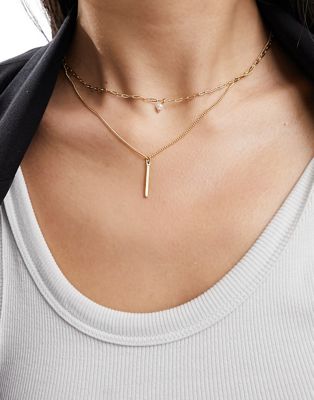 ASOS DESIGN 14k gold plated pack of 2 necklaces with faux pearl and bar design in gold tone - ASOS Price Checker