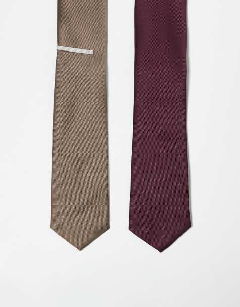ASOS DESIGN - Lot de 2 cravates en satin avec pince - Taupe et bordeaux - view 1