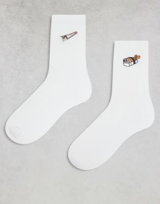 ASOS DESIGN - Lot de 2 paires de chaussettes à broderie sushi - Blanc