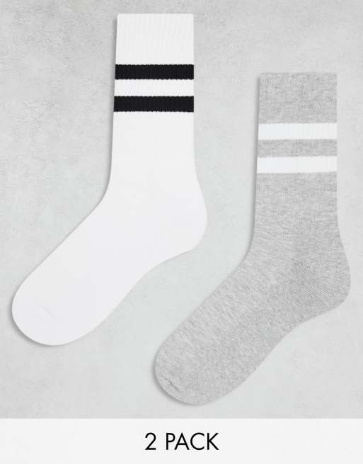 ASOS DESIGN Lot de 2 paires de chaussettes a rayures Blanc et gris