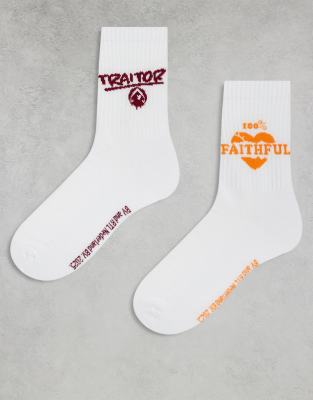 ASOS DESIGN - Lot de 2 paires de chaussettes avec imprimé graphique - Blanc