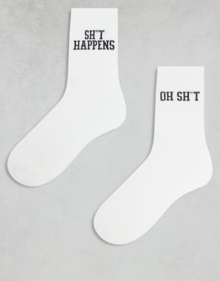 ASOS DESIGN - Lot de 2 paires de chaussettes avec imprimé gros mots - Blanc