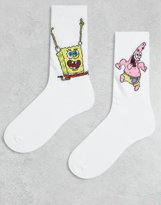 ASOS DESIGN - Lot de 2 paires de chaussettes avec motif Bob l'Éponge et Patrick - Blanc