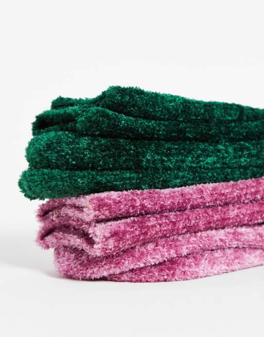 ASOS DESIGN - Lot de 2 paires de chaussettes confort en maille chenille duveteuse - Mauve/vert, 3 de 4