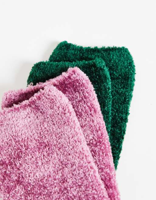 ASOS DESIGN - Lot de 2 paires de chaussettes confort en maille chenille duveteuse - Mauve/vert, 4 de 4