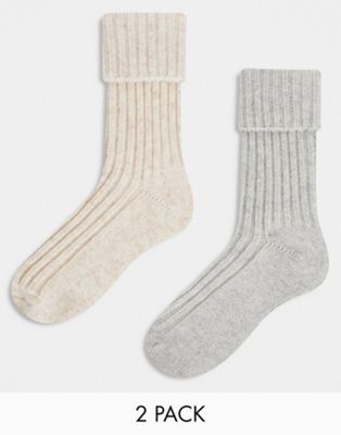 ASOS DESIGN - Lot de 2 paires de chaussettes confort hauteur mollet en laine mélangée - Neutre | ASOS