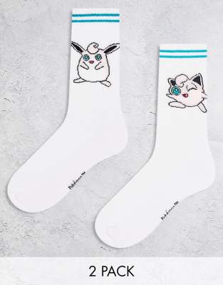 ASOS DESIGN - Chaussettes de sport Pokémon à carreaux - Blanc et bleu