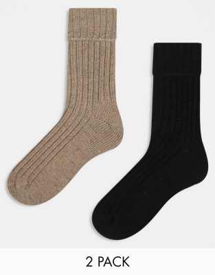 ASOS DESIGN - Lot de 2 paires de chaussettes montantes en laine mélangée - Marron et noir | ASOS