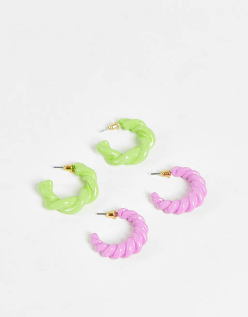 ASOS DESIGN - Lot de 2 paires de créoles torsadées - Vert et violet